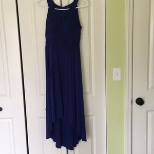 Sangria Blue hi low dress flattering ruching